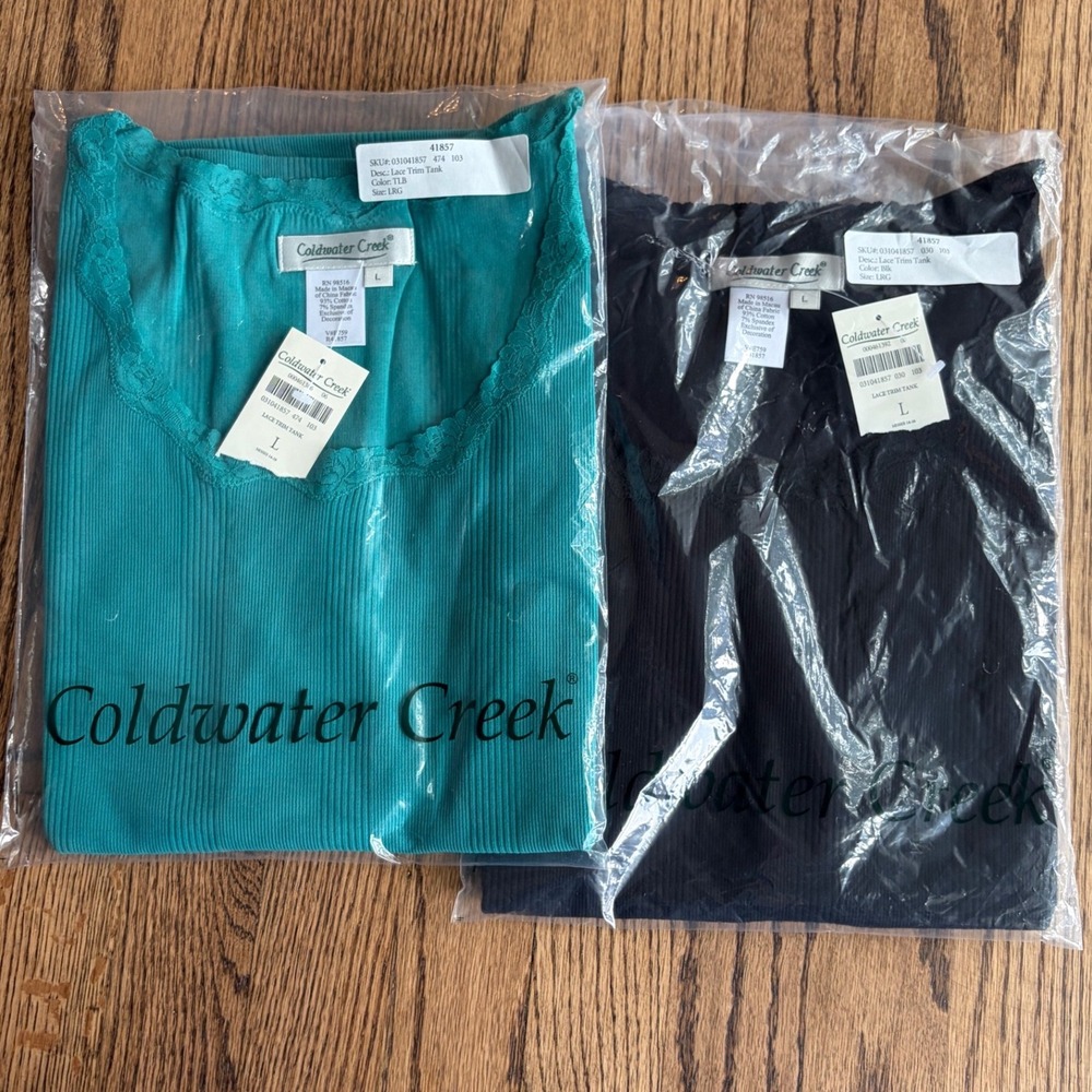 Coldwater Creek Lace Trim Tank Top 2 Pack Teal Blue Black Ribbed Cotton L 41857